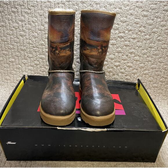 Icon Cliffs of Colorado Leather Shearling Boots 6M Thomas Moran Art To Wear BOX